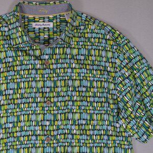 🌴 Tommy Bahama 100% Silk Button Down Shirt Green Blue Print M
